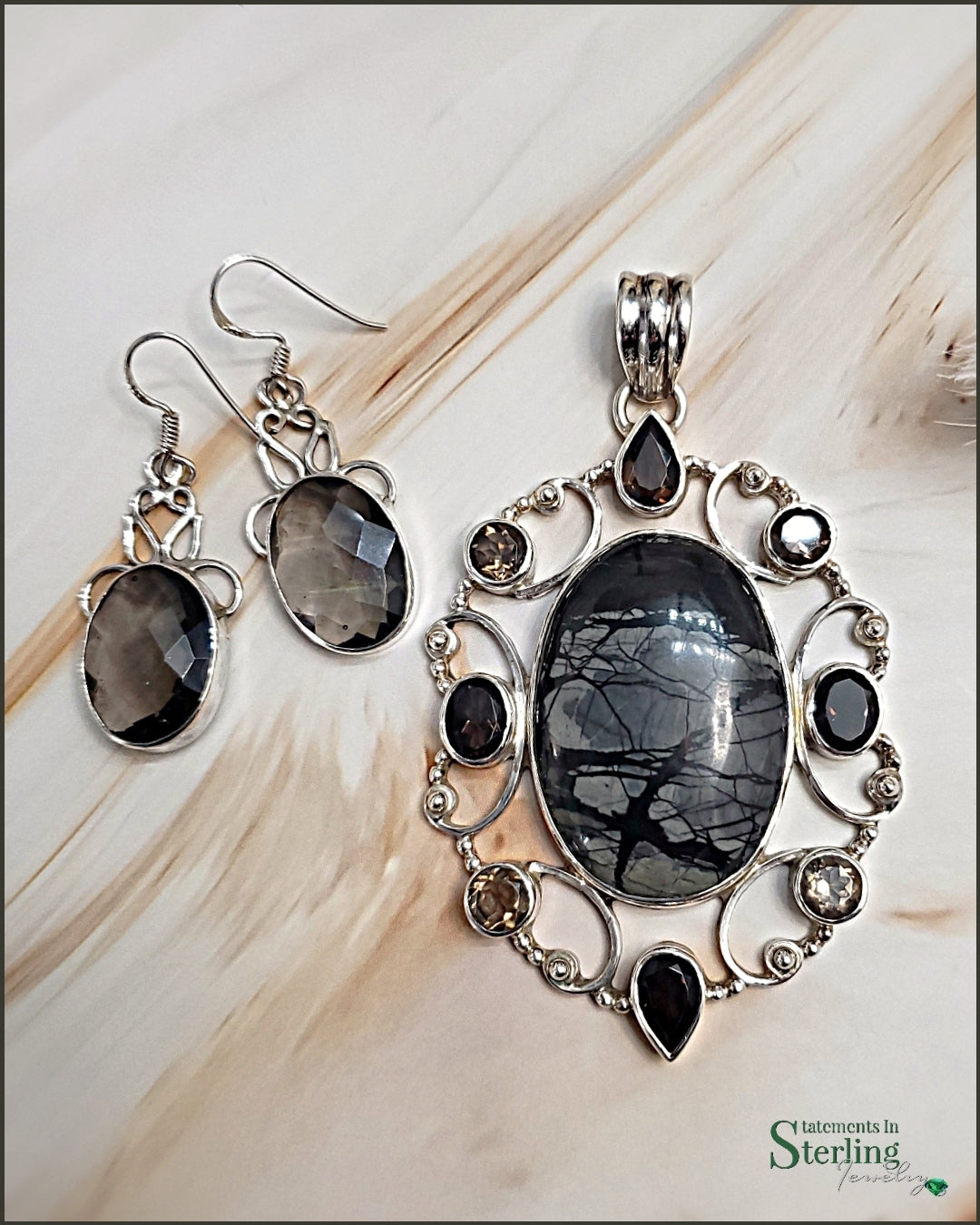 Smoky Quartz and Sterling Silver Filigree Drop Earrings
