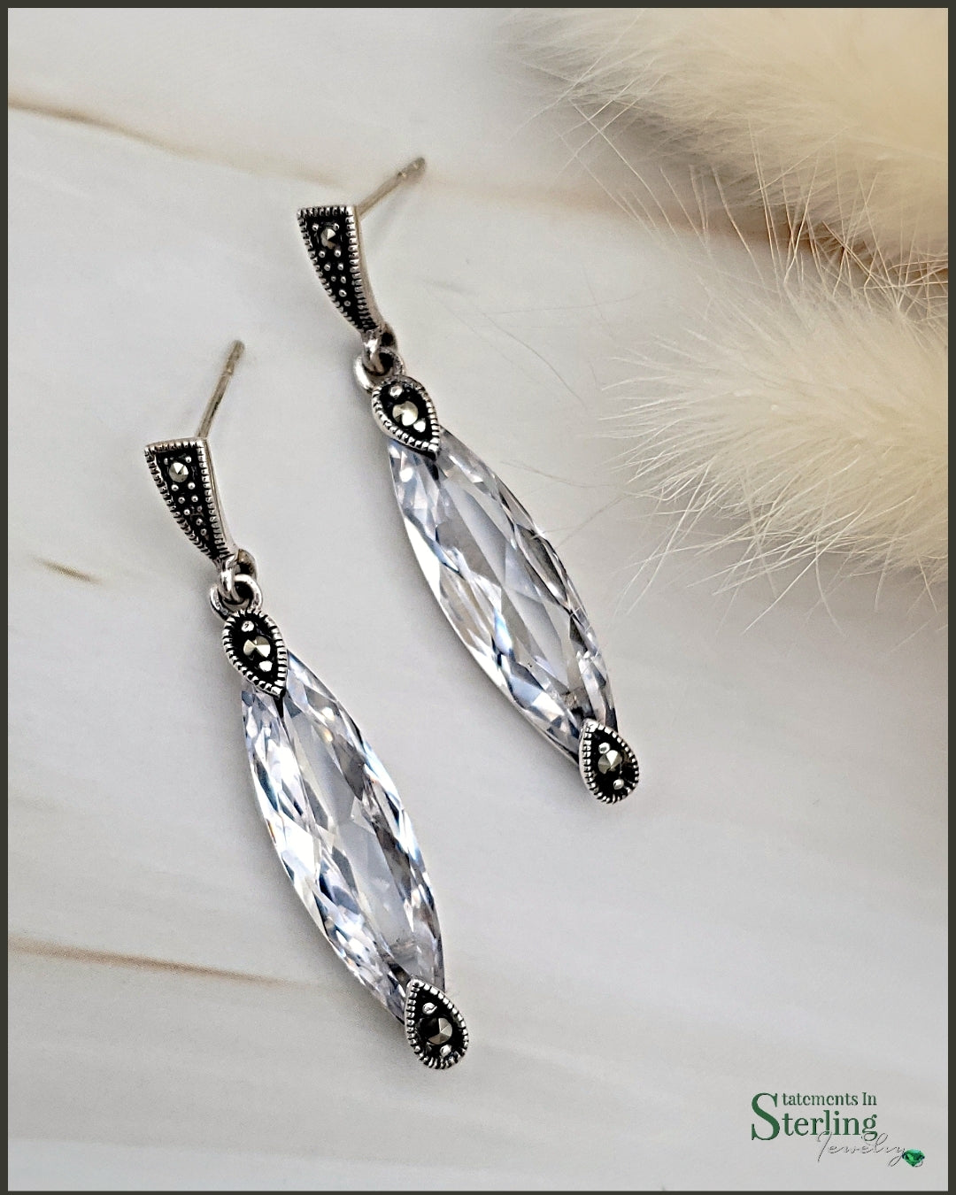 White Topaz, Marcasite and Sterling Silver Earrings