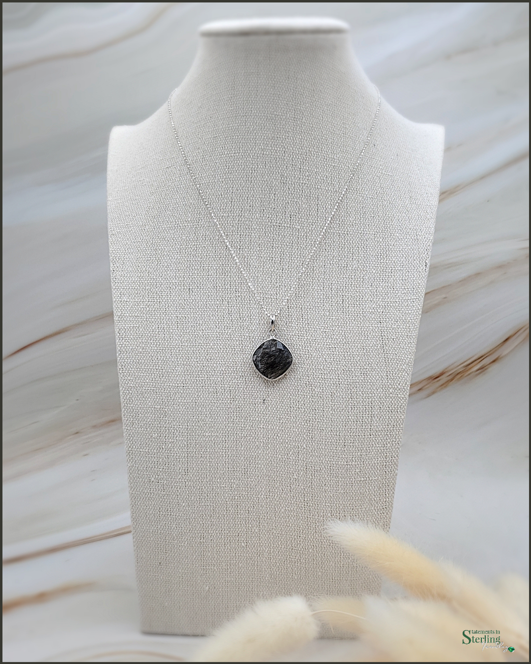 Black Rutilated Quartz and Sterling Silver Pendant