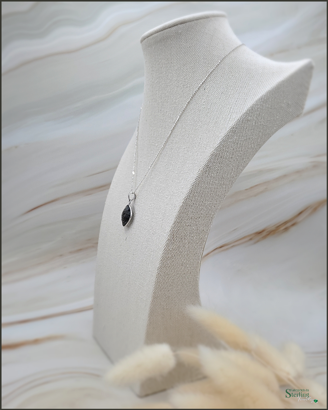 Black Rutilated Quartz and Sterling Silver Pendant