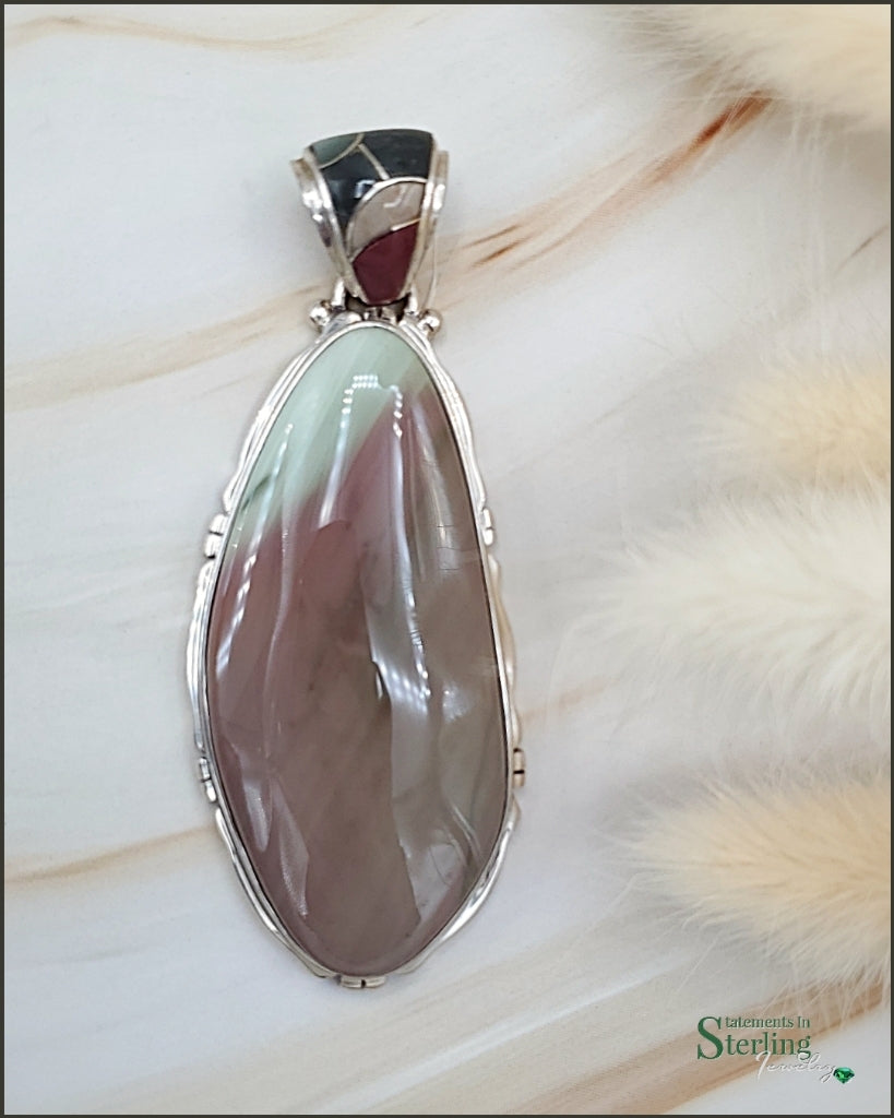 Imperial Jasper and Sterling Silver Pendant With Decorative Gemstone Inlay