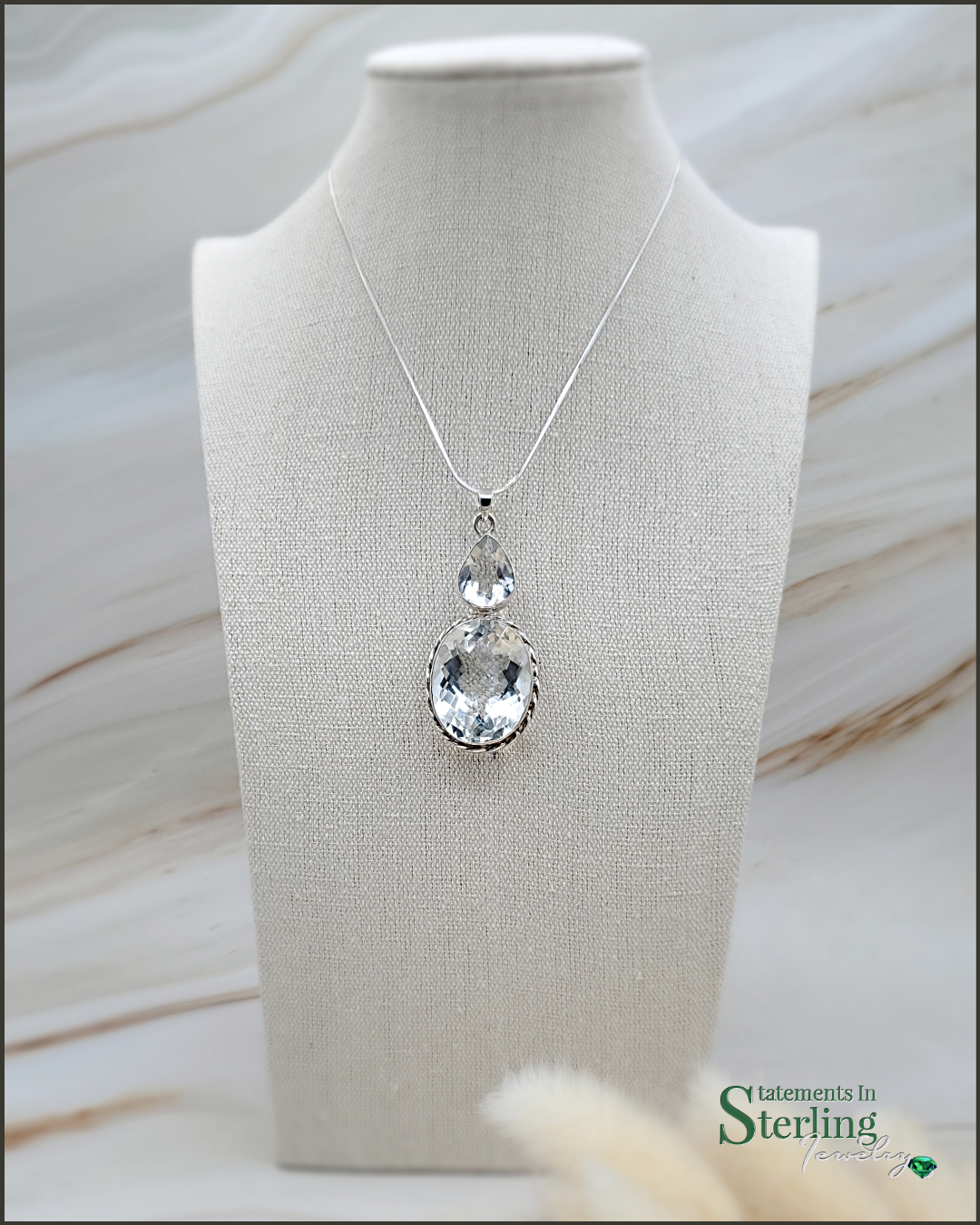 Clear Quartz and Sterling Silver Two Stone Teardrop Pendant