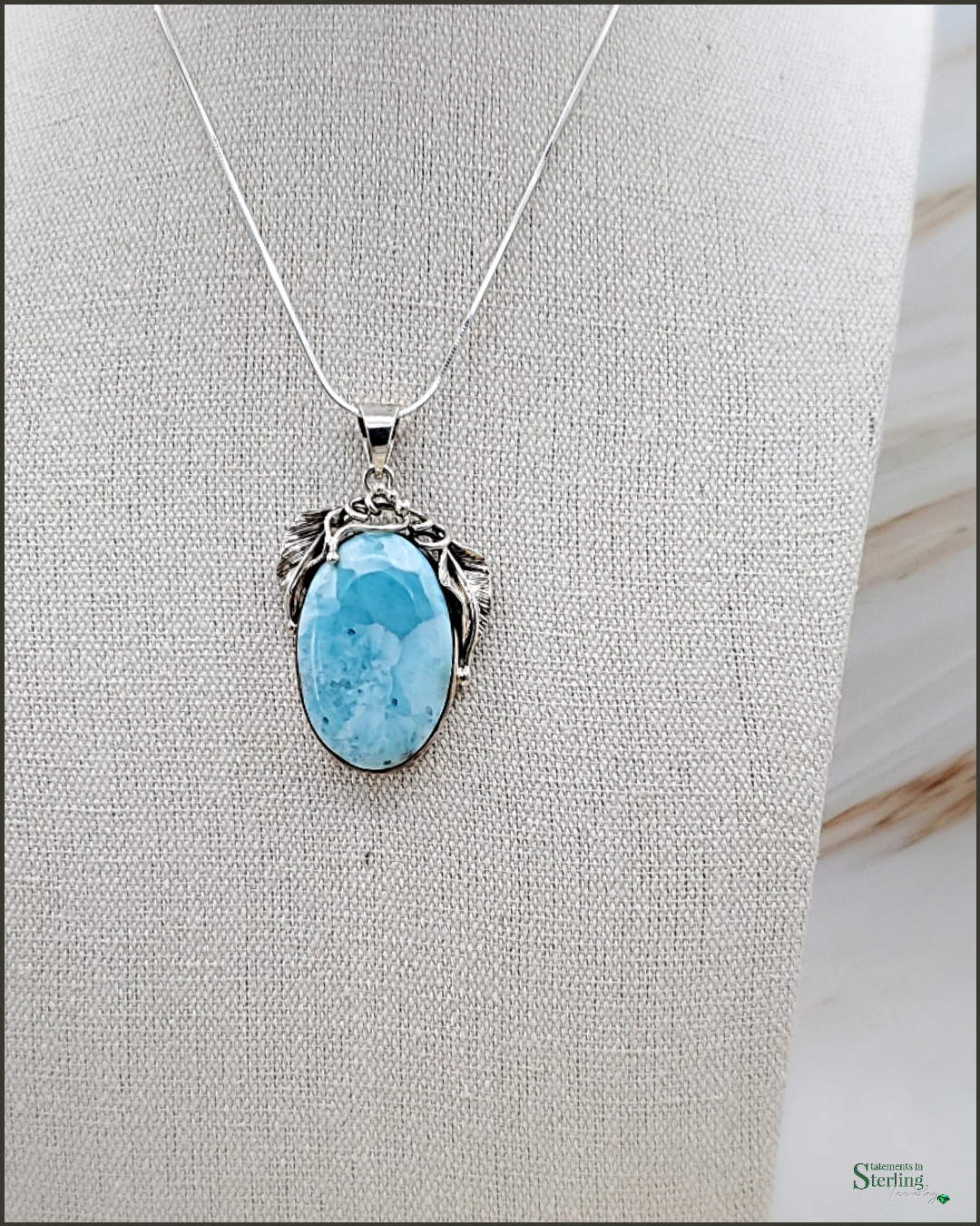 Caribbean Larimar and Sterling Silver Leaves Pendant