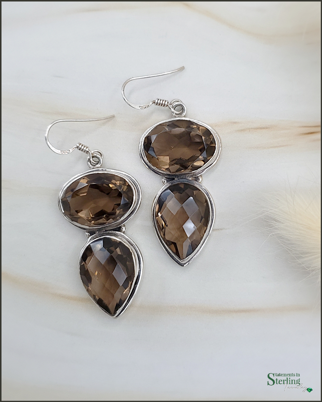 Smoky Quartz and Sterling Silver Two Stone Earrings