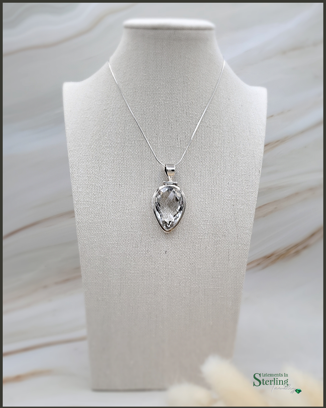 Clear Quartz and Sterling Silver Pear Pendant