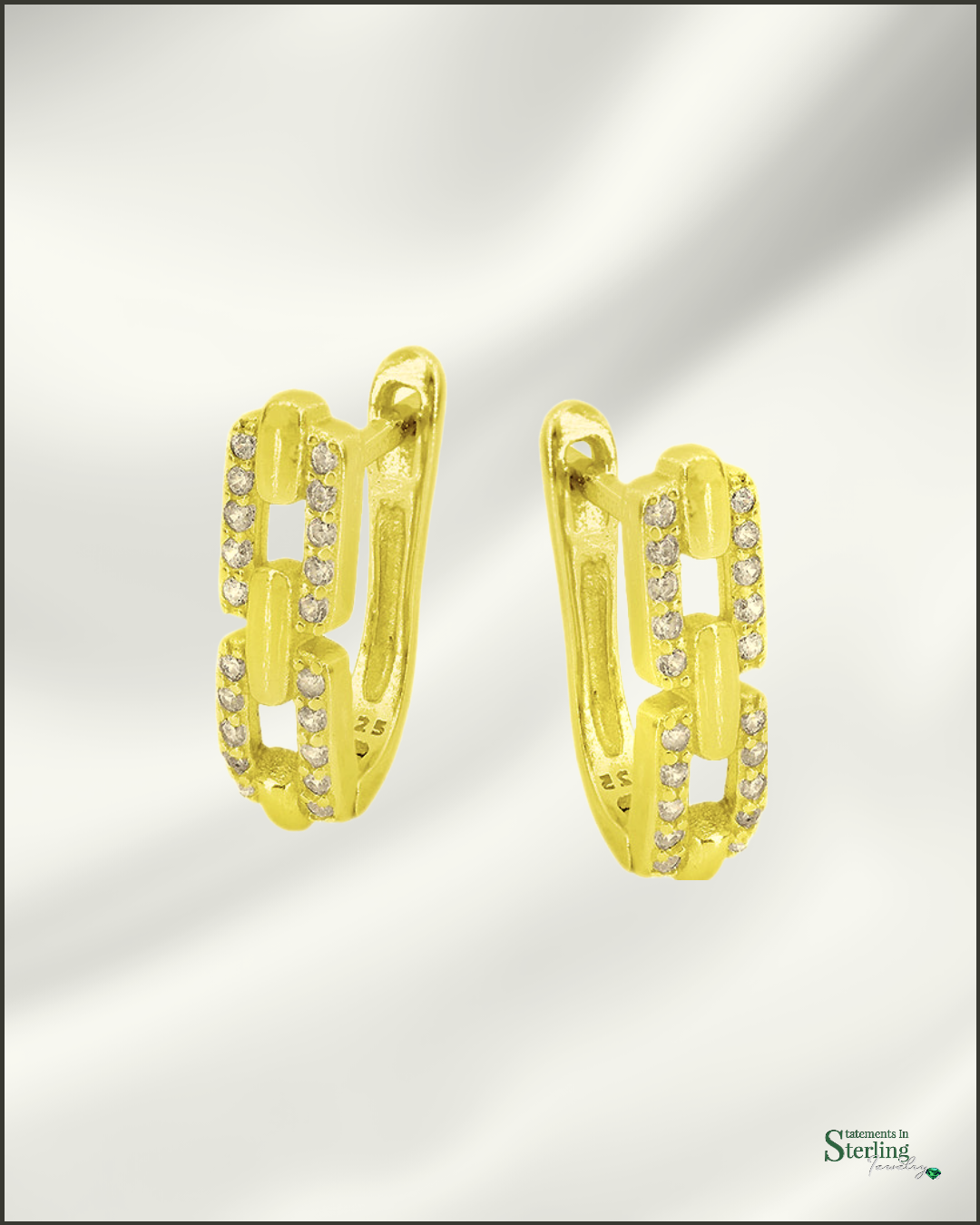 Sterling Silver Paperclip Link Sparkle Earrings in Gold