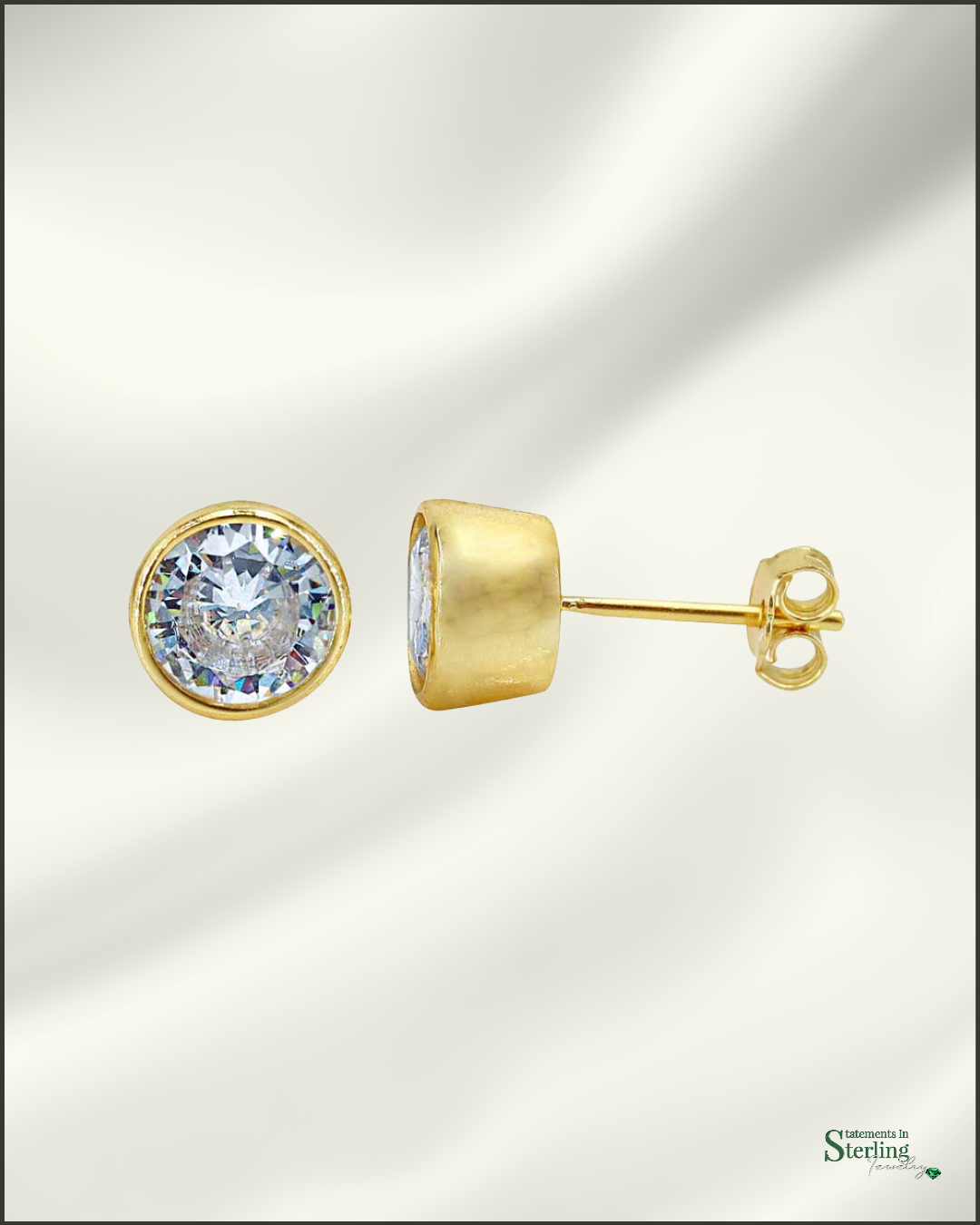 Sterling Silver Round Cubic Zirconia Stud Earrings in Gold