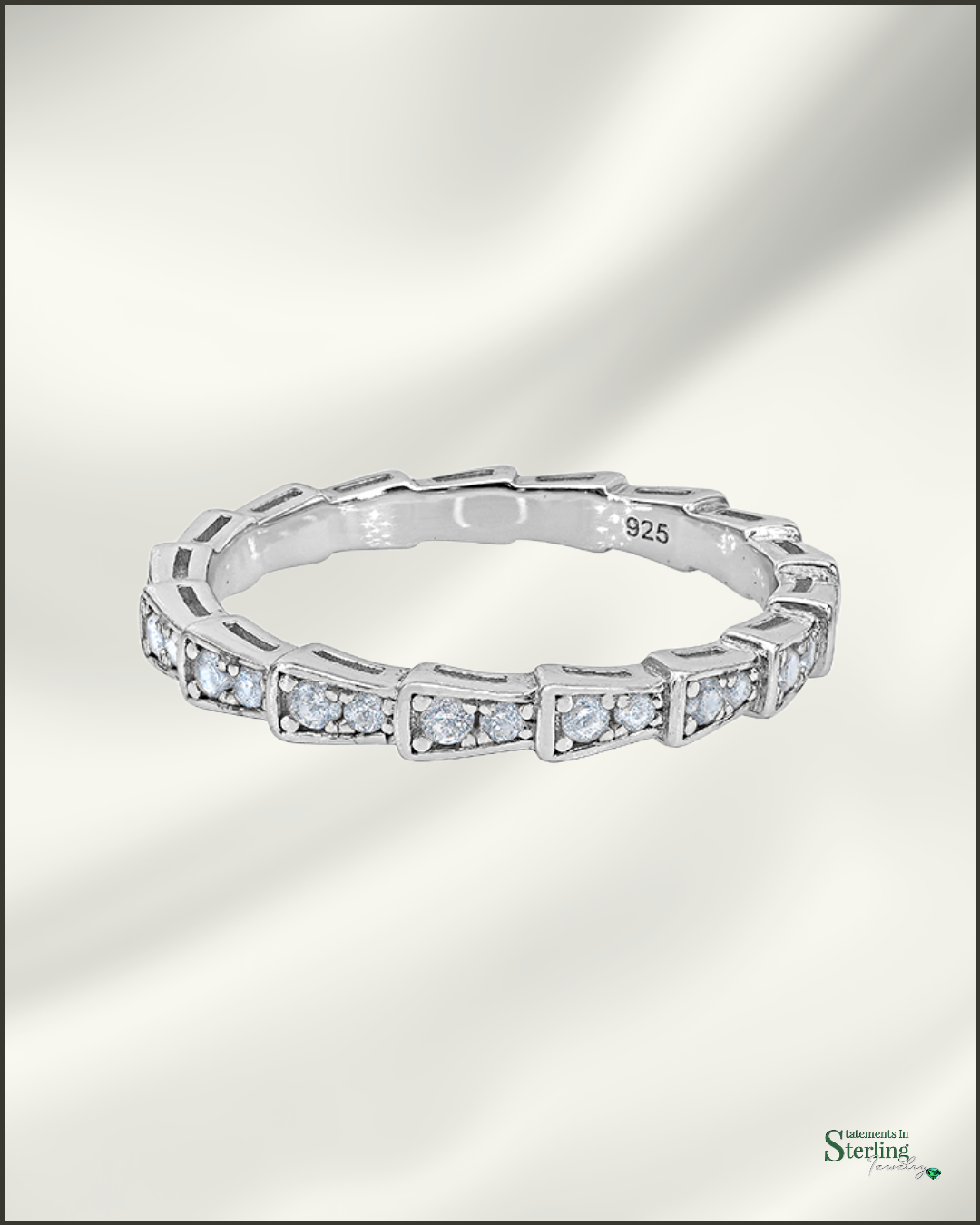 Sterling Silver Art Deco Ring Band with Cubic Zirconia in Rhodium