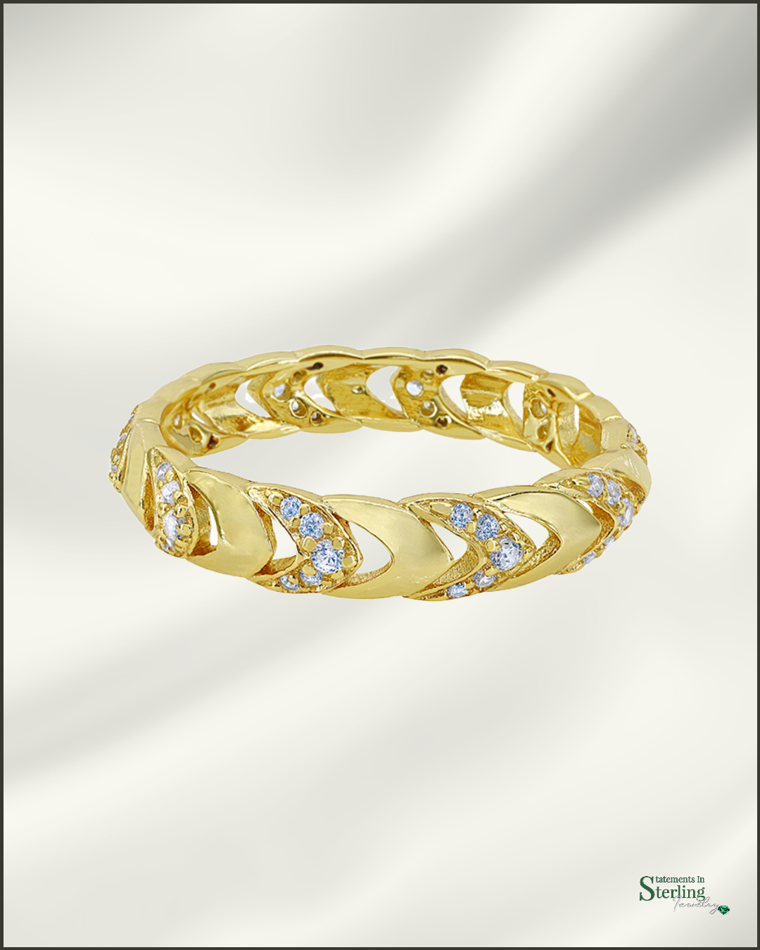 Sterling Silver Arrow Eternity Band Ring with Cubic Zirconia in Gold