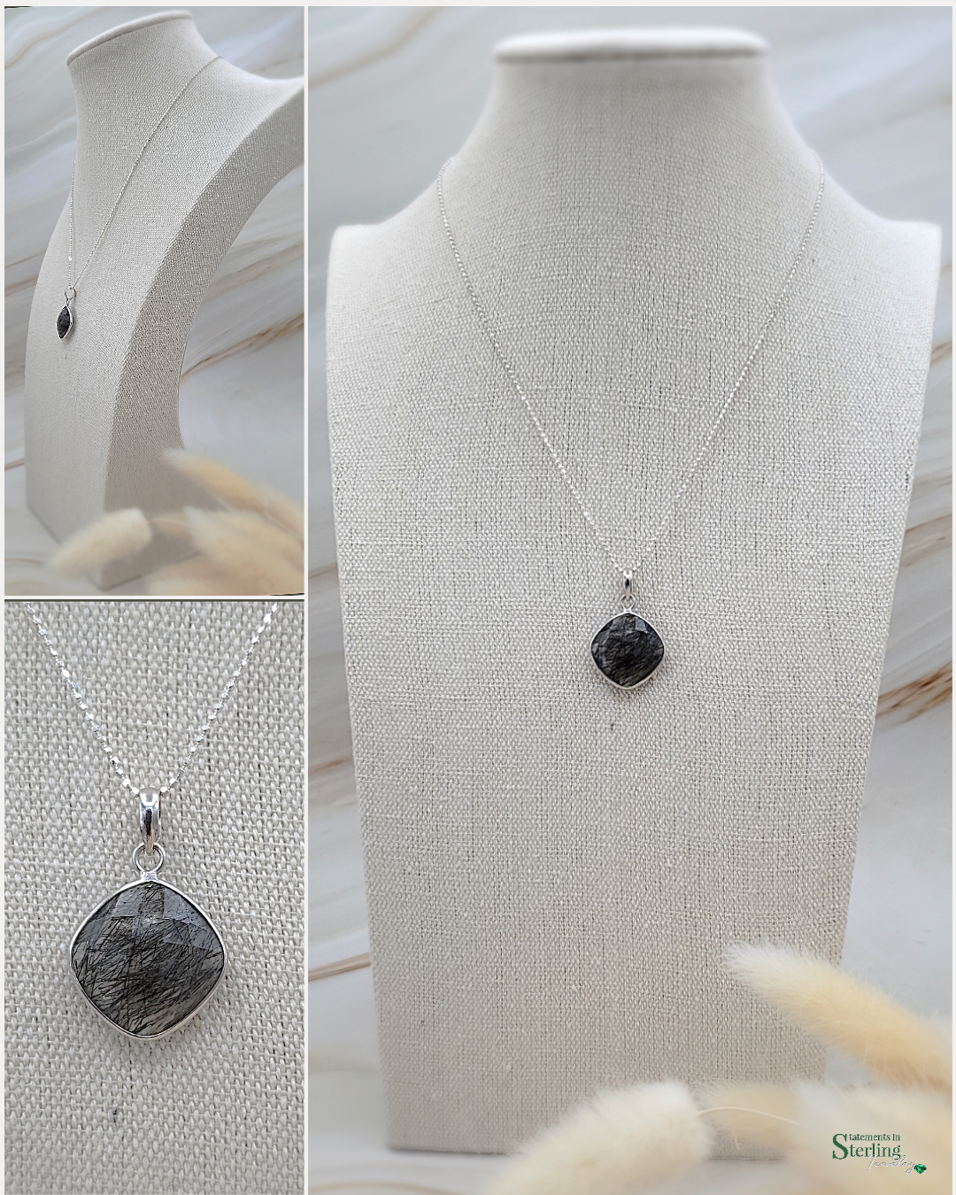 Black Rutilated Quartz and Sterling Silver Pendant