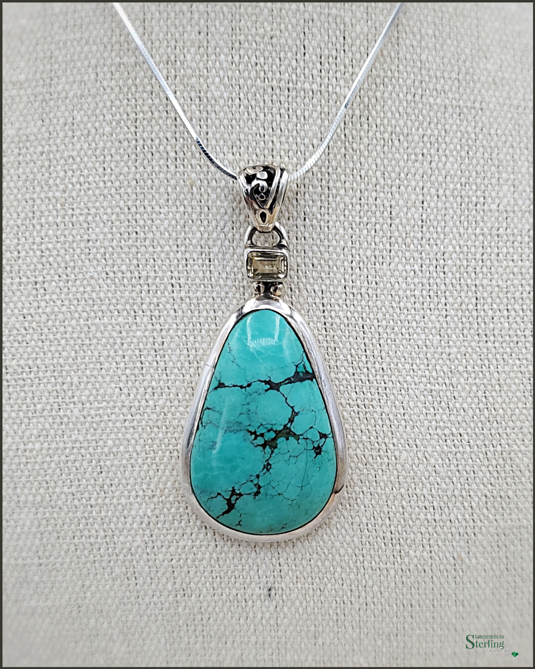 Turquoise and Citrine Sterling Silver Teardrop Pendant