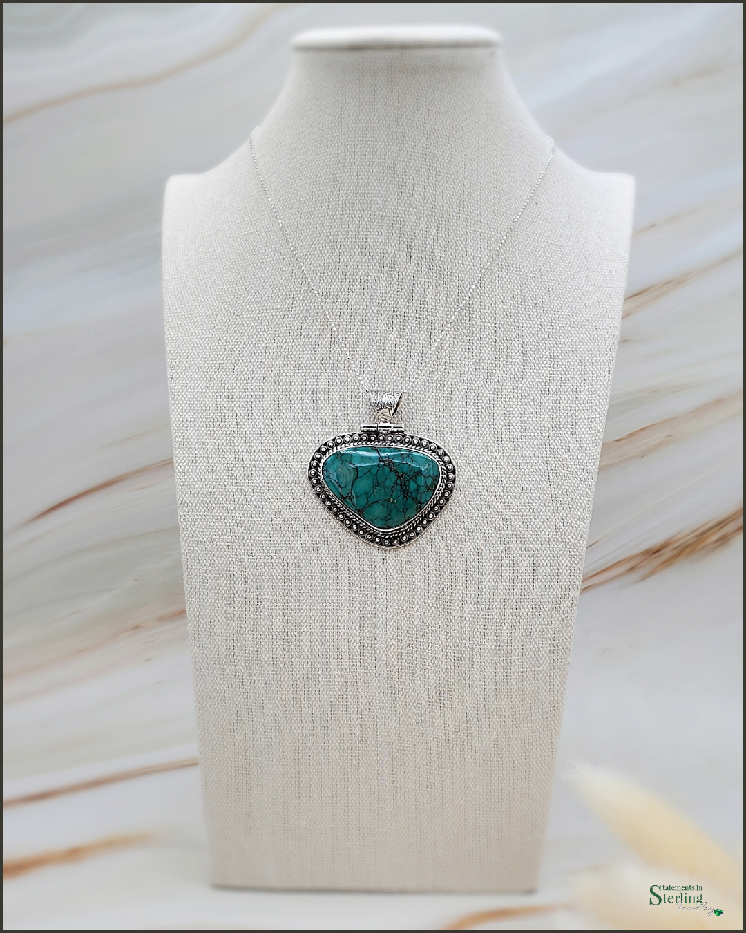 Turquoise Triangle and Sterling Silver Engraved Pendant
