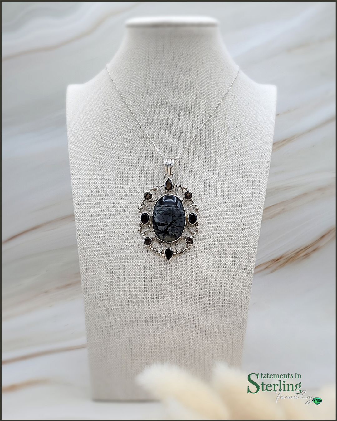 Smoky Quartz and Picasso Jasper Sterling Silver Pendant