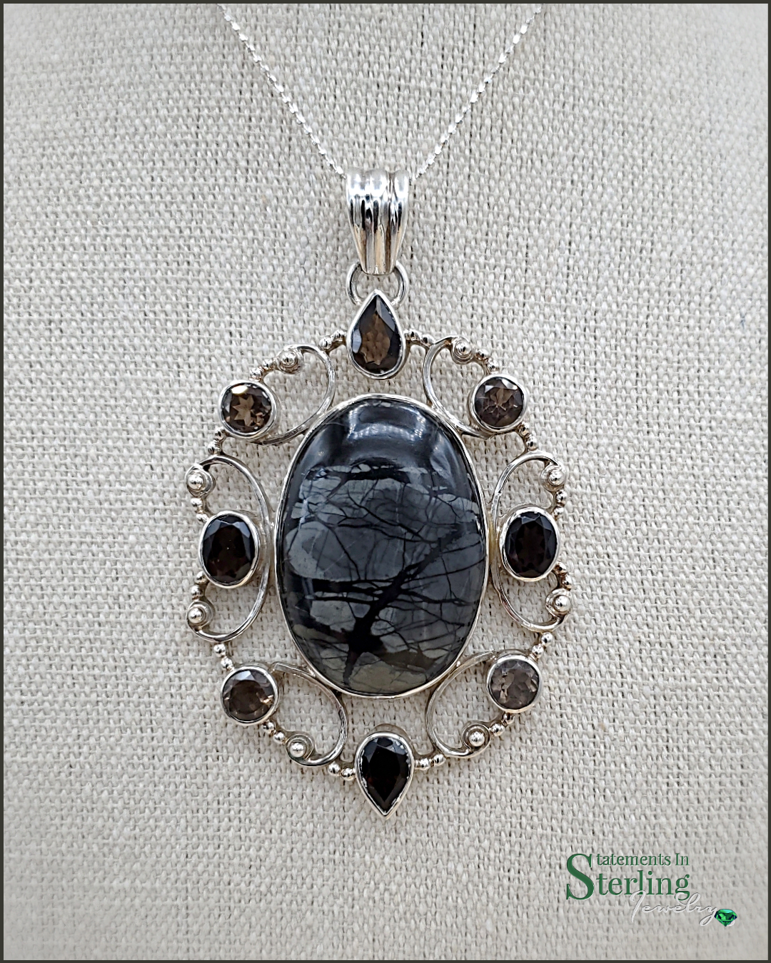 Smoky Quartz and Picasso Jasper Sterling Silver Pendant