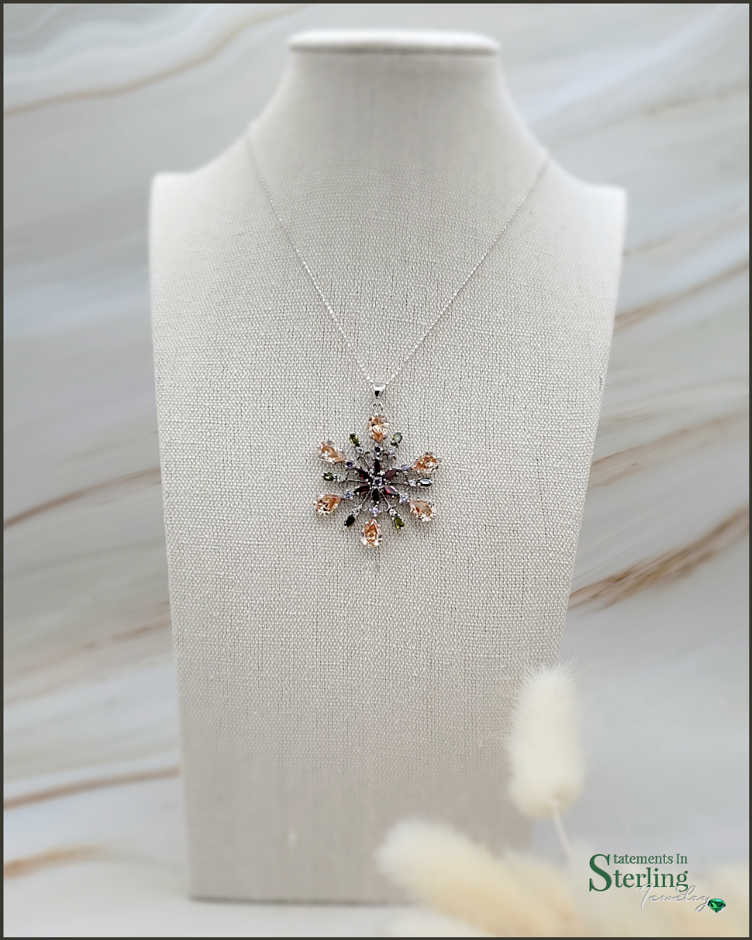Multi Gemstone and Sterling Silver Snowflake Pendant