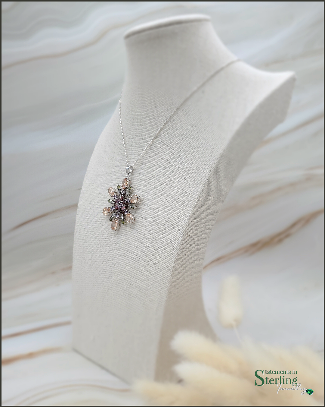 Multi Gemstone and Sterling Silver Snowflake Pendant