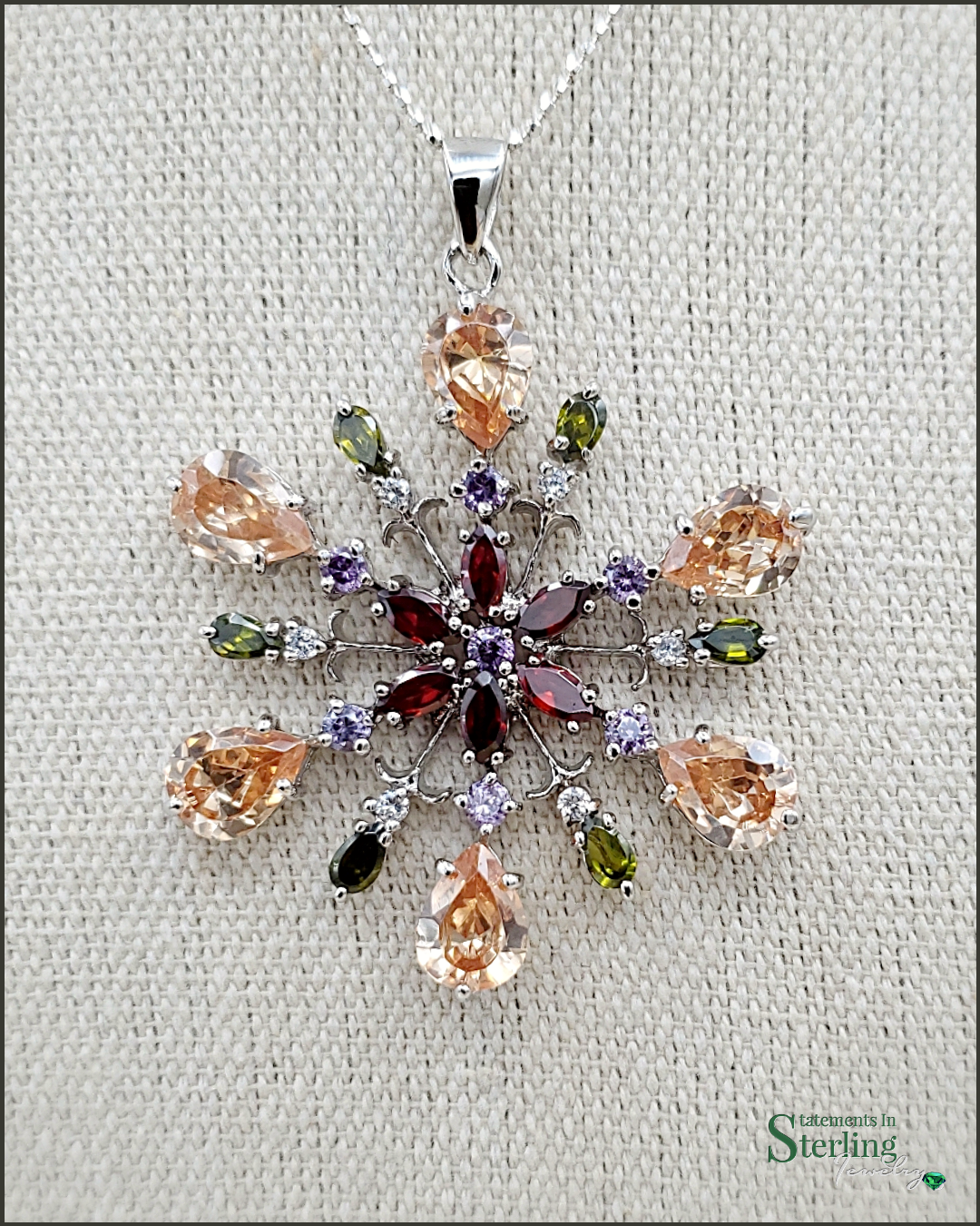 Multi Gemstone and Sterling Silver Snowflake Pendant