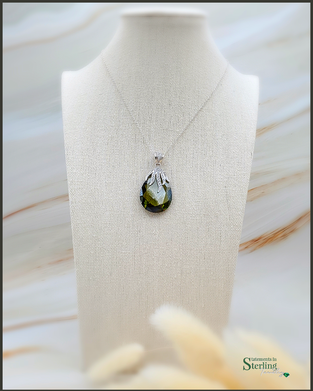 Olive Green Peridot and White Topaz Sterling Silver Teardrop Pendant