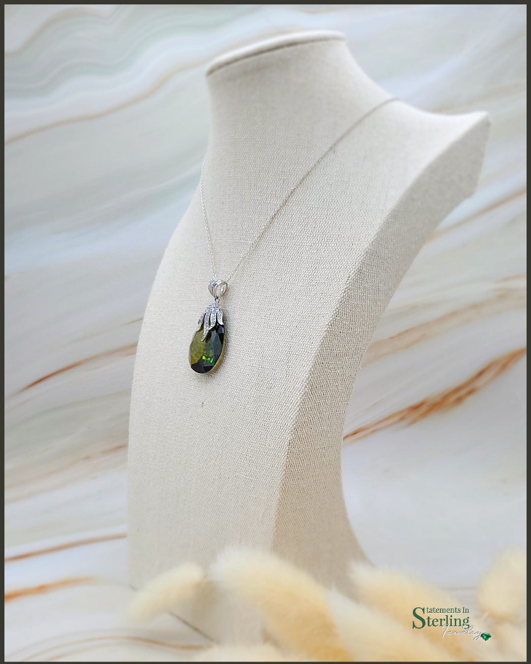 Olive Green Peridot and White Topaz Sterling Silver Teardrop Pendant
