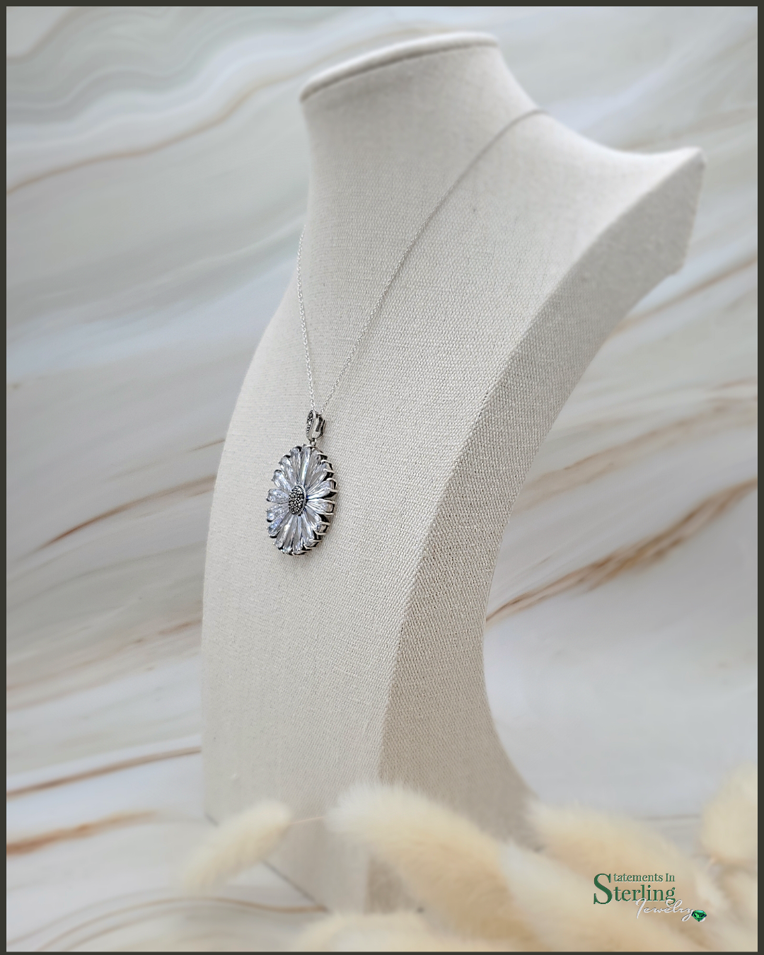 White Topaz and Marcasite Sterling Silver Flower Pendant