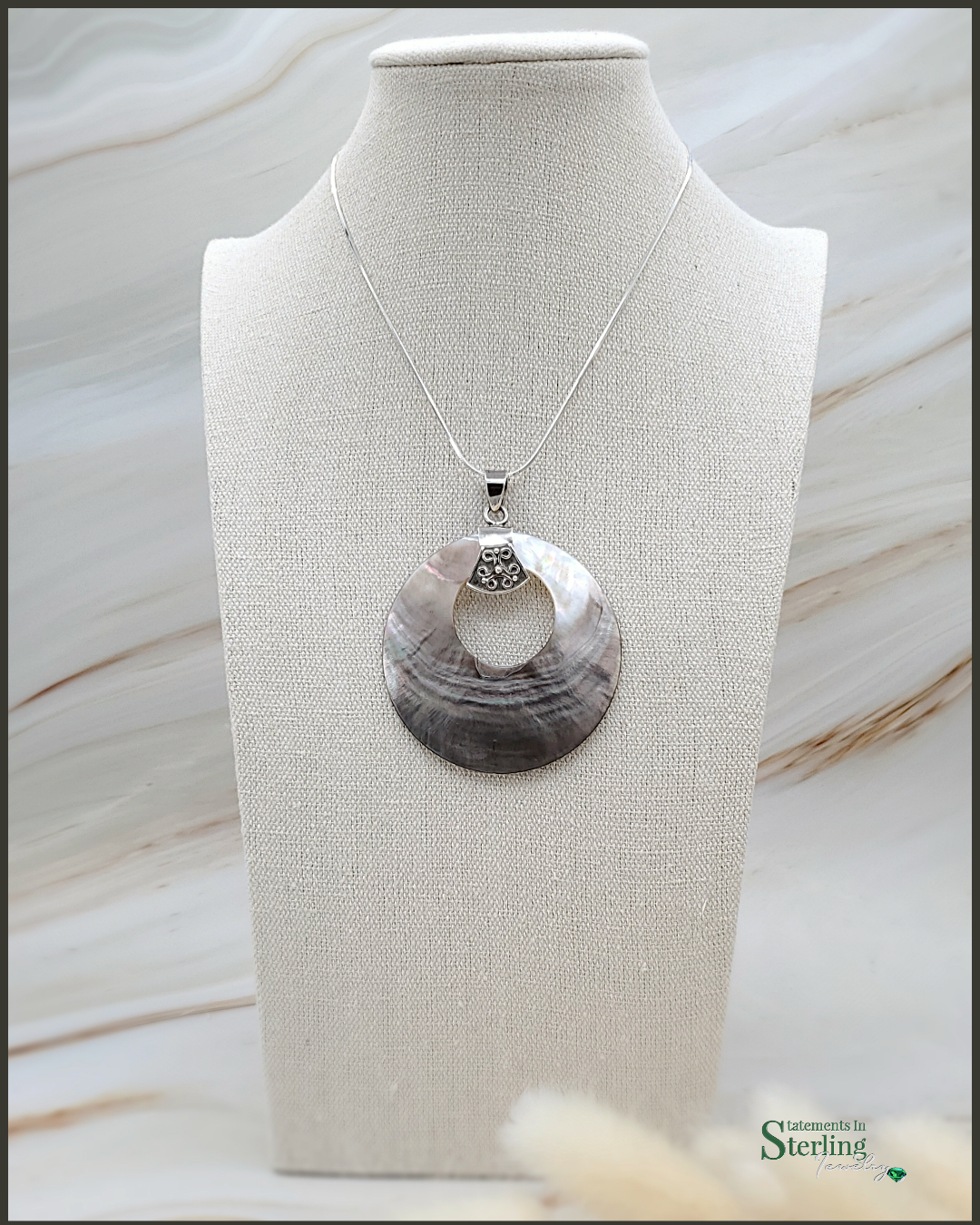 Natural Mother of Pearl and Sterling Silver Scroll Pendant and Earrings Set