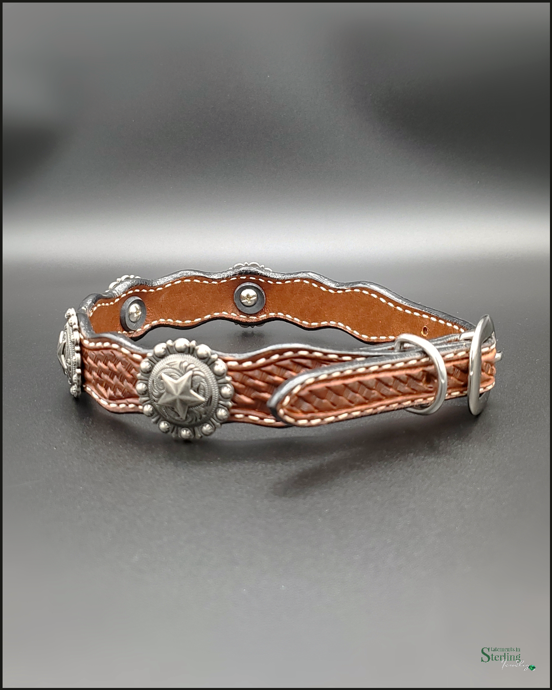 Rodeo Drive Conchos Handcrafted Leather Dog Collar with Silver Star Conchos in Medium Oil