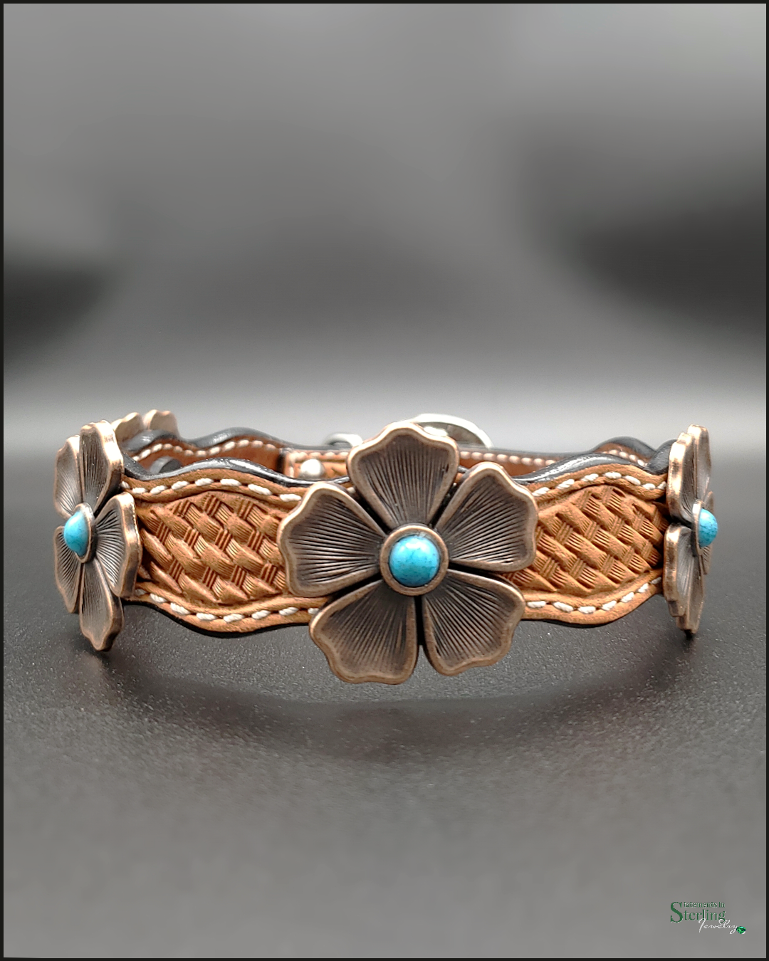 Rodeo Drive Conchos Handcrafted Leather Dog Collar with Turquoise and Copper Flower Conchos in Light Oil