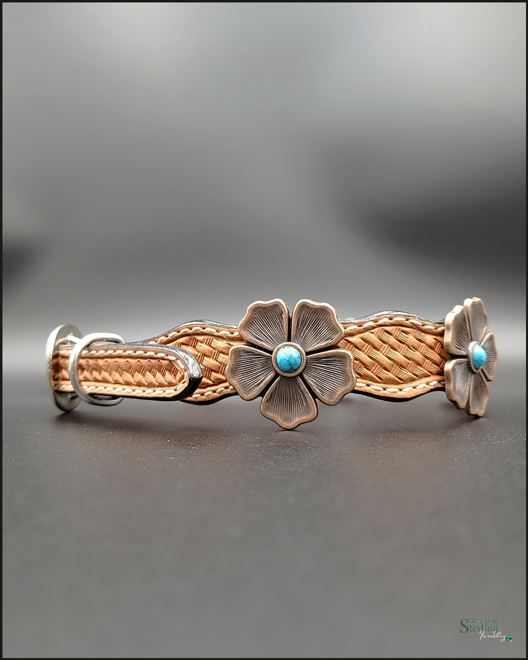 Rodeo Drive Conchos Handcrafted Leather Dog Collar with Turquoise and Copper Flower Conchos in Light Oil