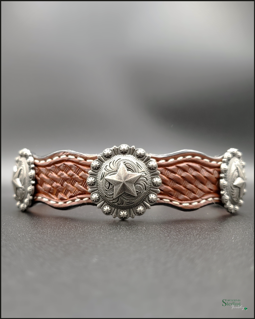 Rodeo Drive Conchos Handcrafted Leather Dog Collar with Silver Star Conchos in Medium Oil