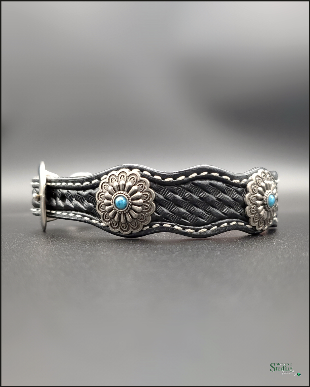 Rodeo Drive Conchos Handcrafted Leather Dog Collar with Silver and Turquoise Conchos in Black