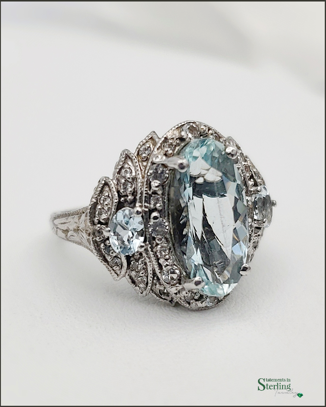 Vintage Natural Aquamarine, Zircon and Sterling Silver Ring