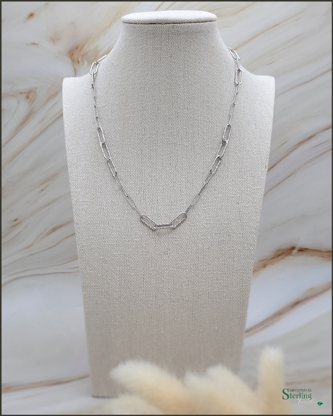 Sterling Silver Paperclip Link Diamond Cut Necklace in Rhodium