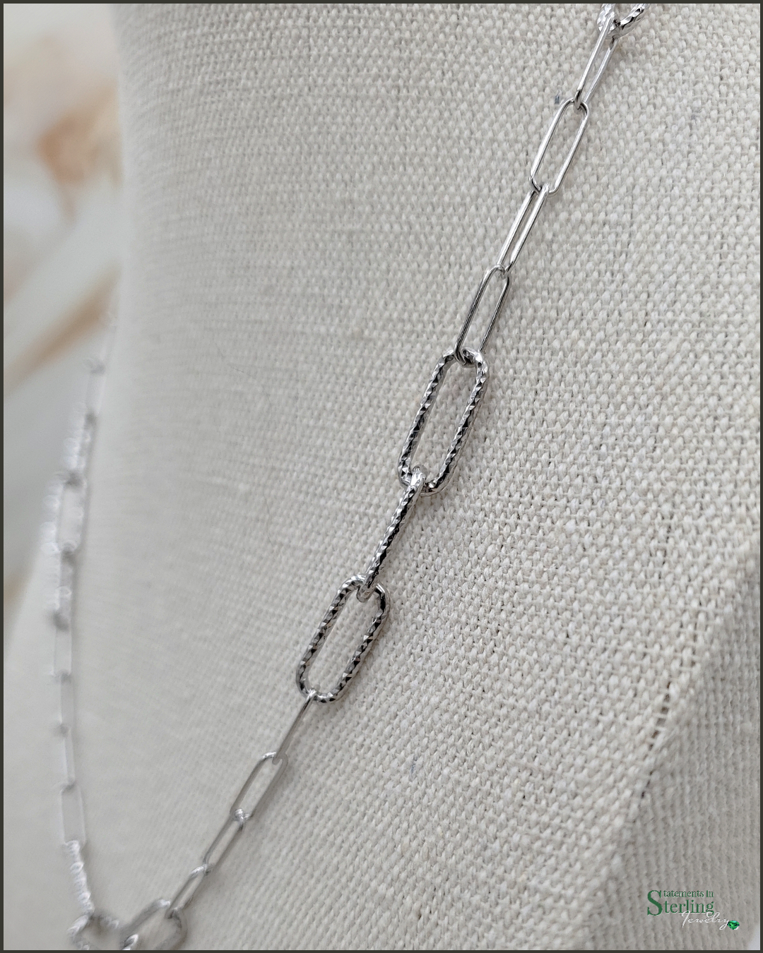Sterling Silver Paperclip Link Diamond Cut Necklace in Rhodium