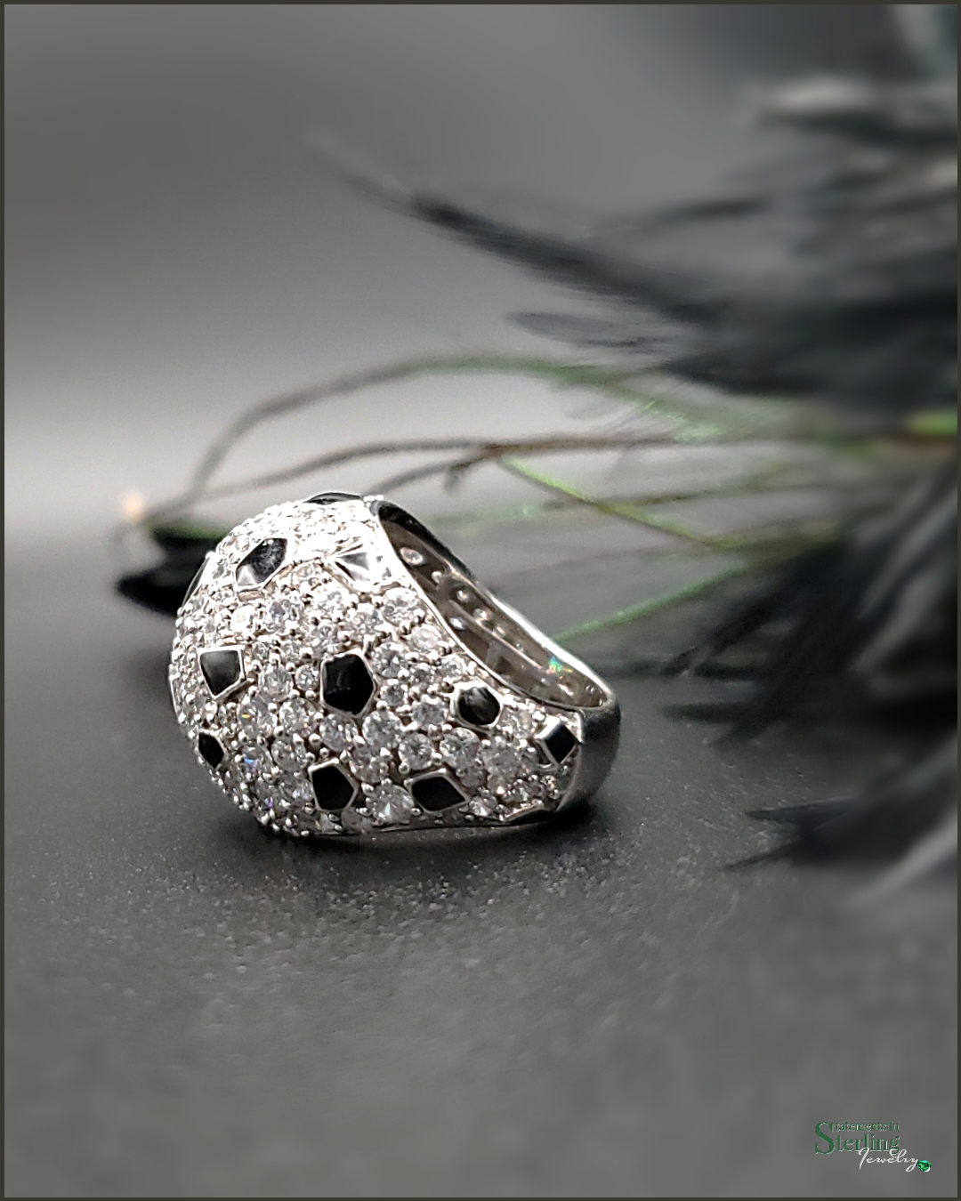 Vintage Sterling Silver Cubic Zirconia and Black Enamel Dome Ring