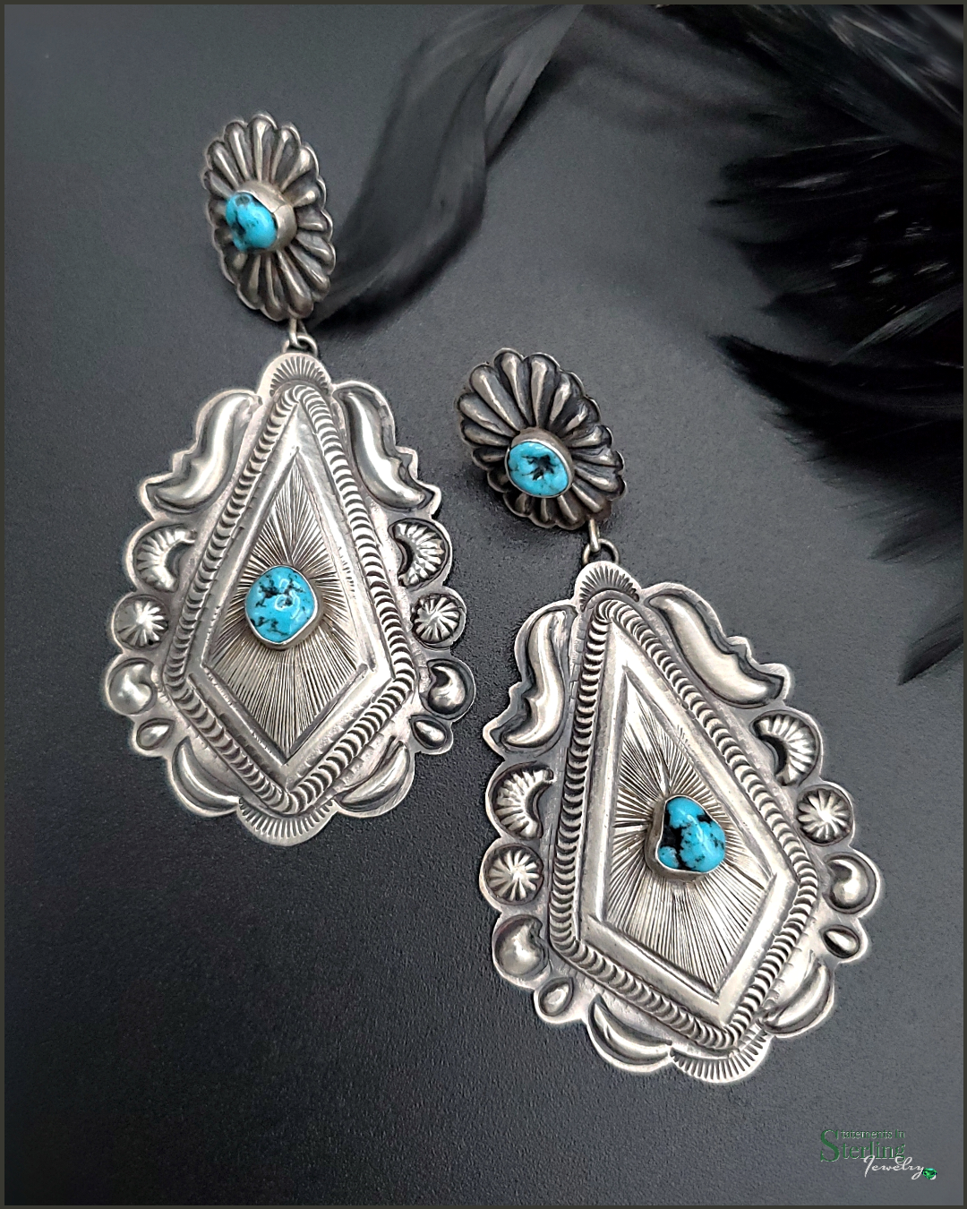 Navajo Kingman Turquoise and Sterling Silver Concho Earrings by Eugene Charley