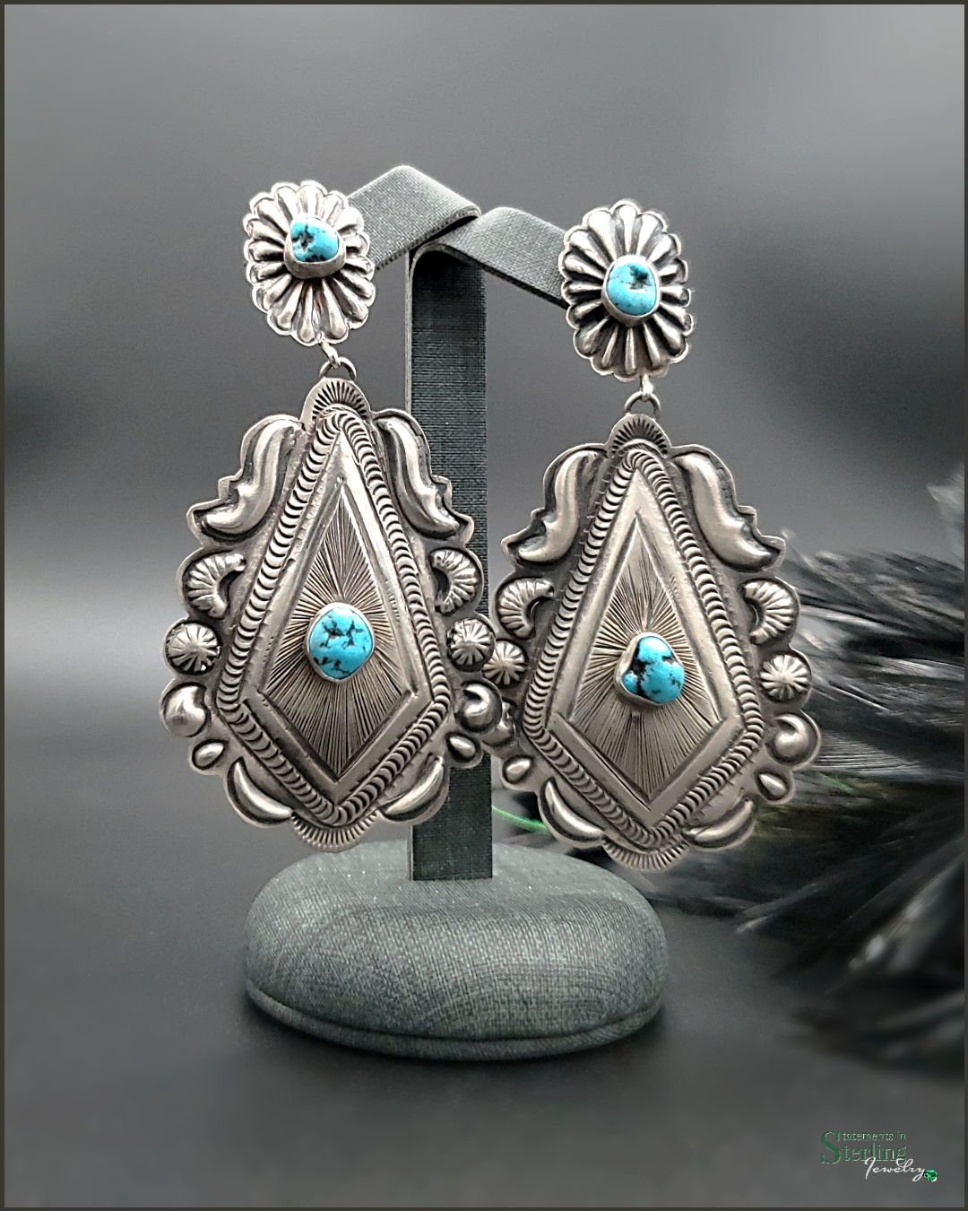 Navajo Kingman Turquoise and Sterling Silver Concho Earrings by Eugene Charley