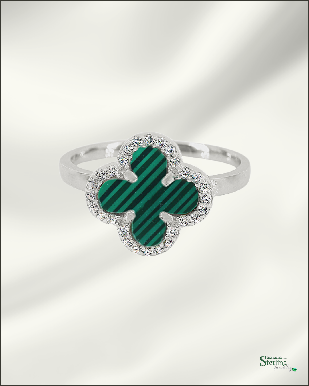 Sterling Silver Clover Ring in Malachite