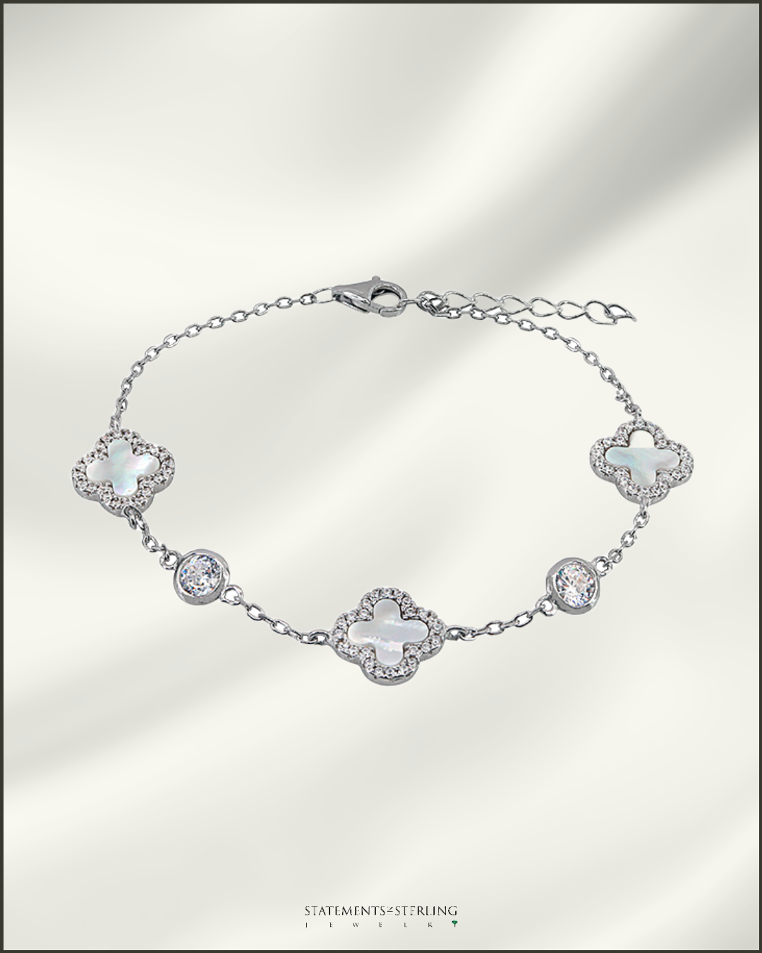 Sterling Silver Clover and Cubic Zirconia Bracelet in Pearl