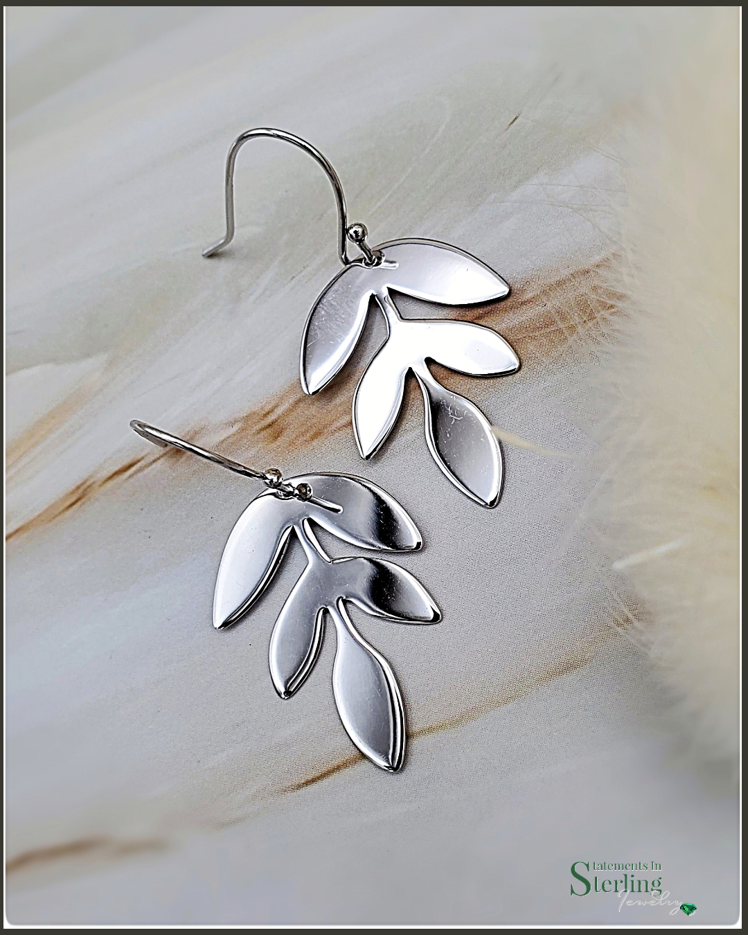 Sterling Silver Leaf Earrings in Rhodium