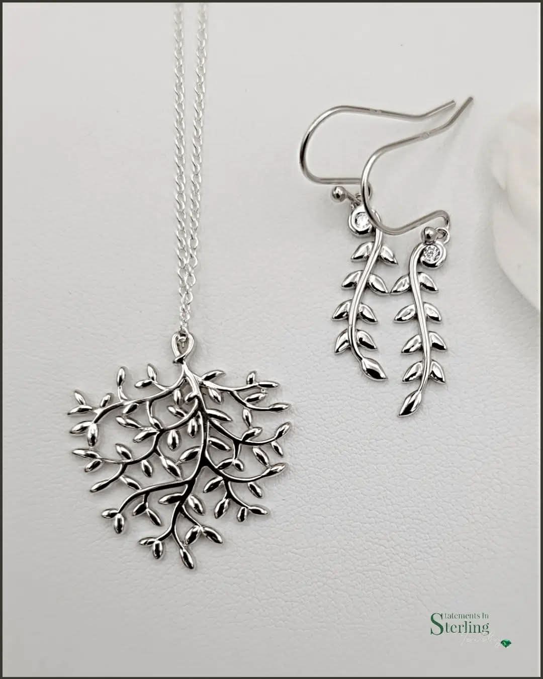 Sterling Silver Olive Leaf Earrings with Cubic Zirconia Accents