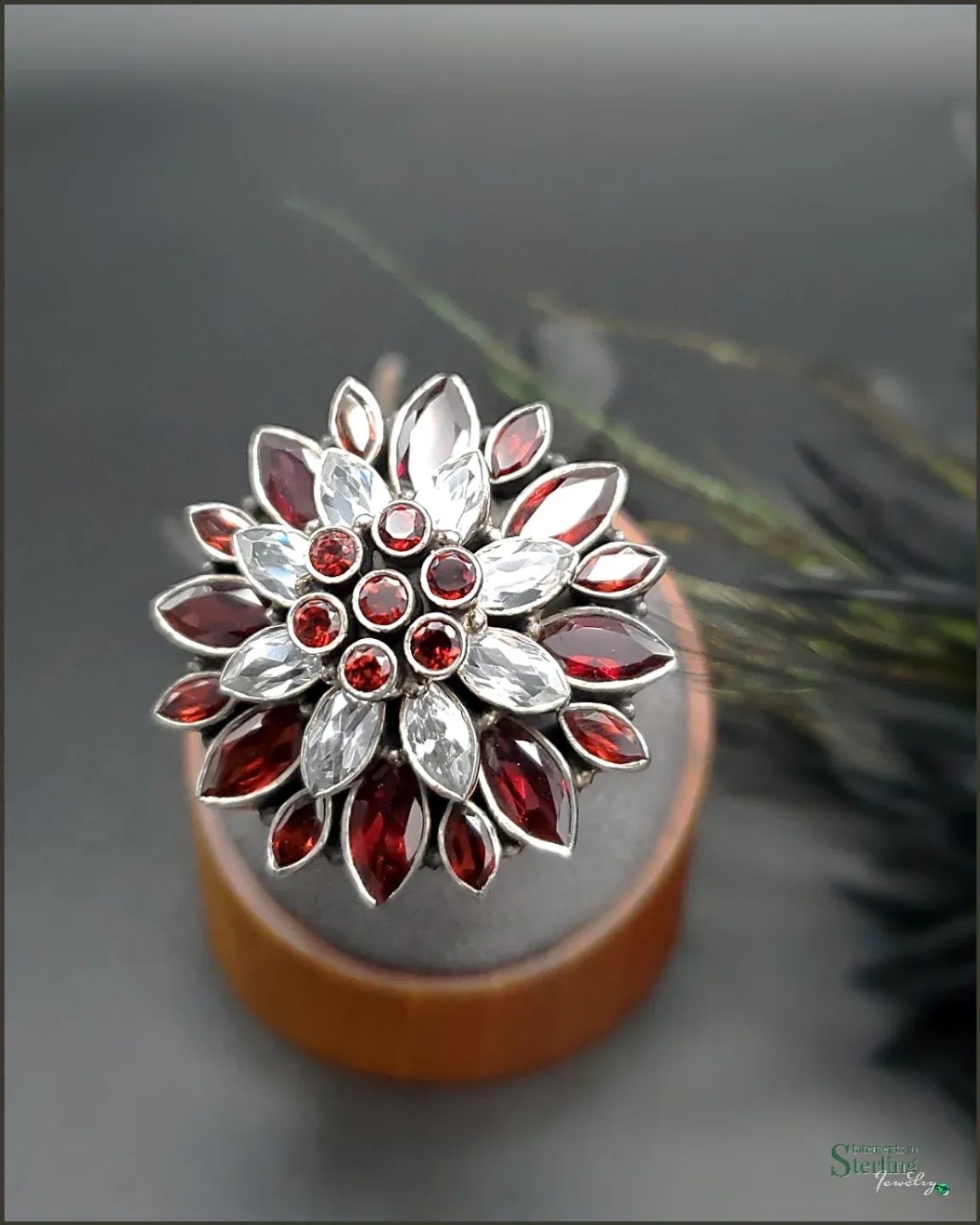 Garnet and White Topaz Sterling Silver Flower Ring