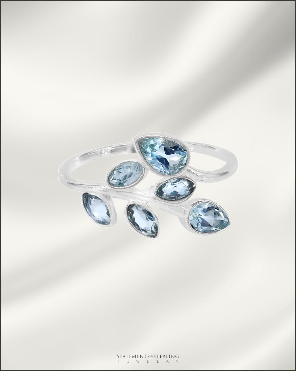 Gemstone and Sterling Silver Leaves Ring in Blue Topaz