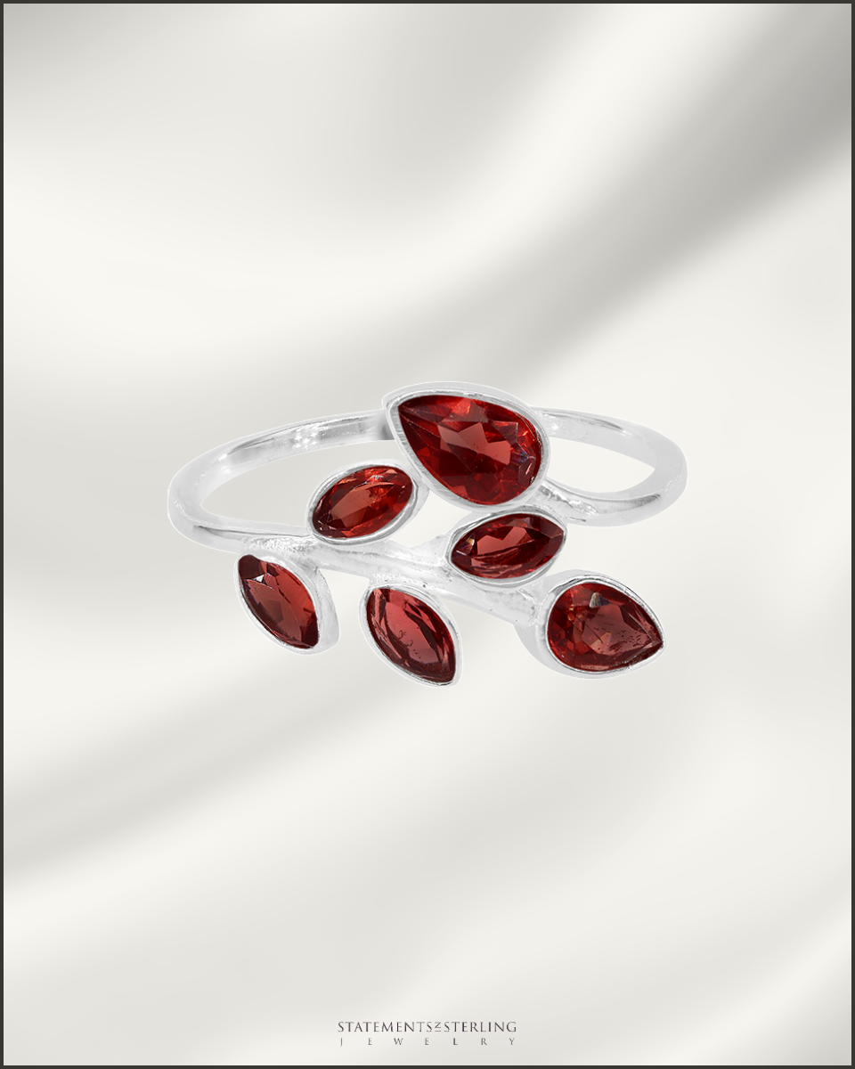 Gemstone and Sterling Silver Leaves Ring in Garnet