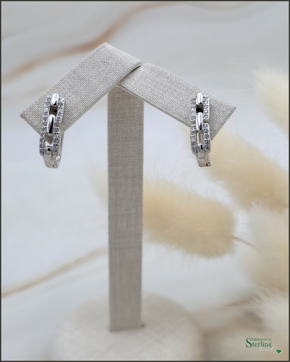Sterling Silver Paperclip Link Sparkle Earrings in Rhodium