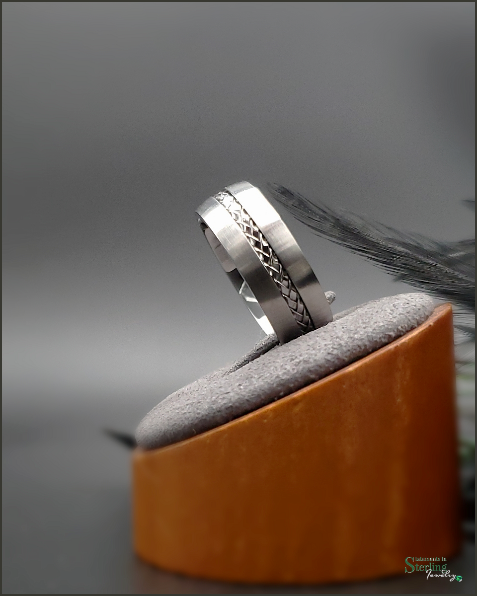 Stainless Steel Cable Detail Ring Band in Brushed