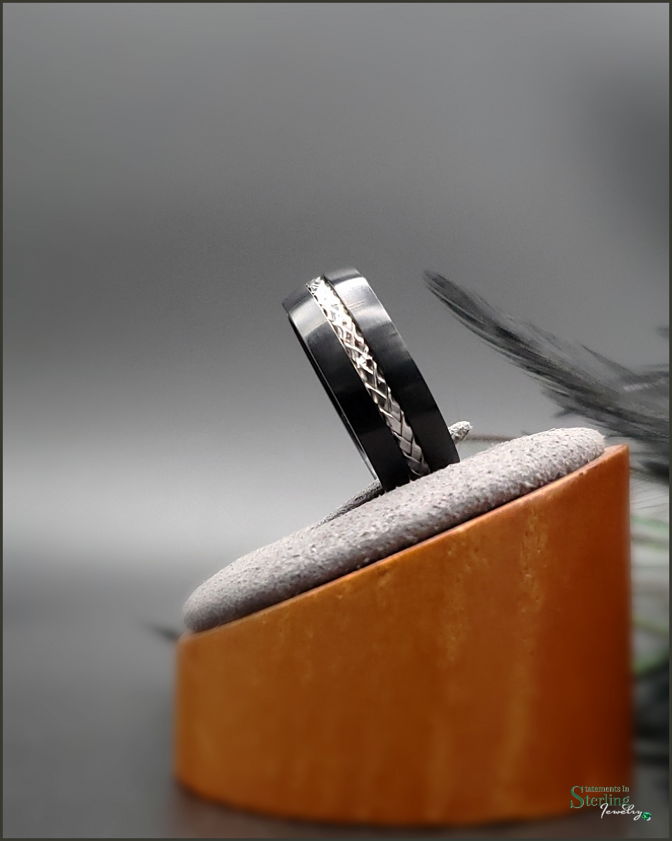 Titanium and Stainless Steel Cable Detail Ring Band in Black and Silver
