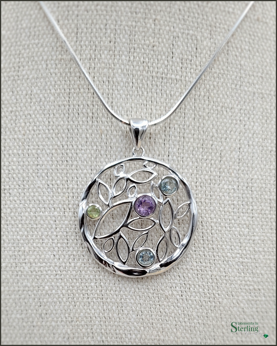 Multi Gemstone Sterling Silver Circle Pendant