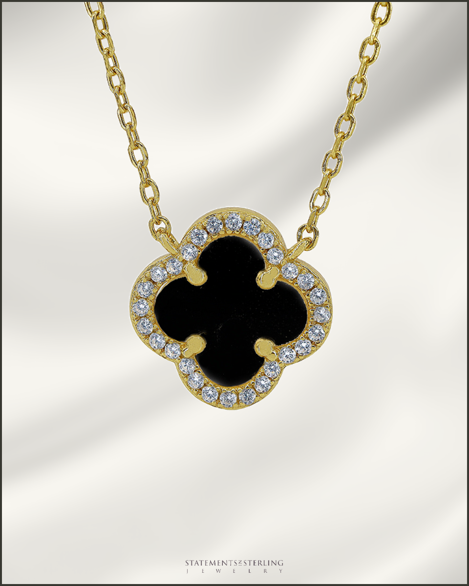 Sterling Silver Clover Necklace in Black Agate and 14k Gold Vermeil