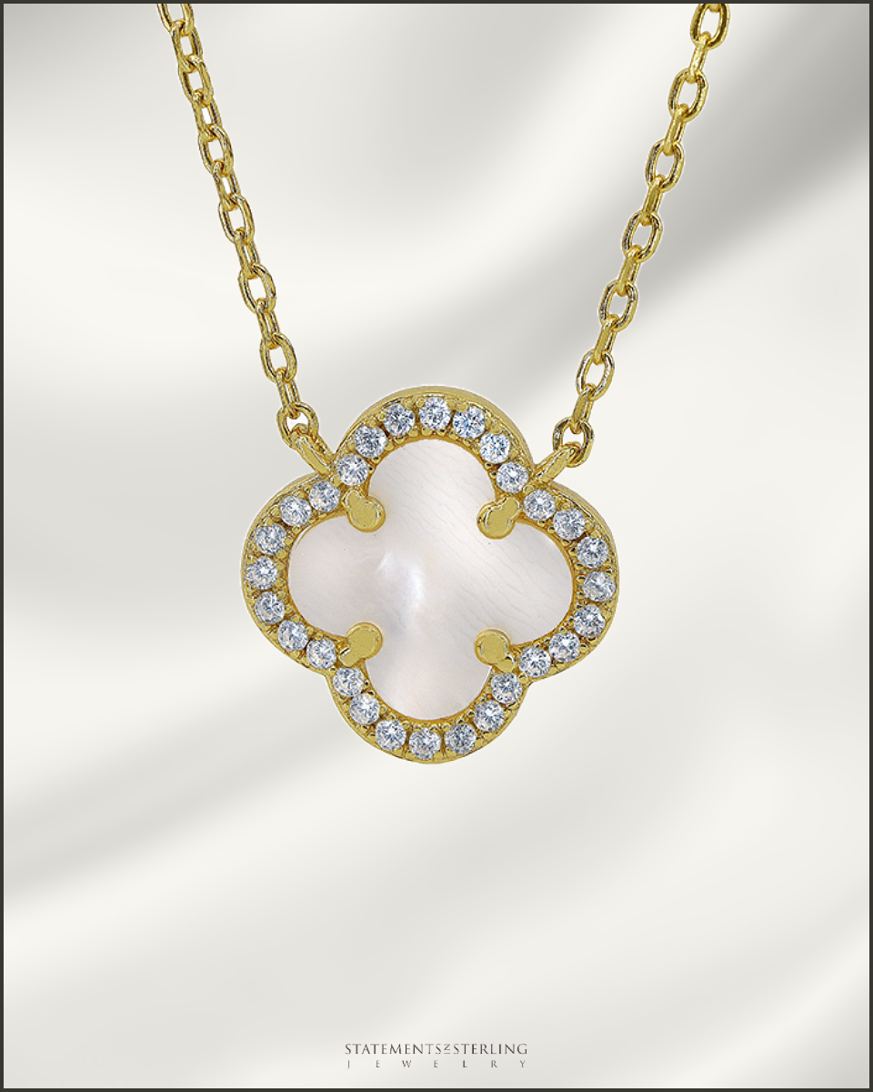 Sterling Silver Clover Necklace in Mother of Pearl and 14k Gold Vermeil