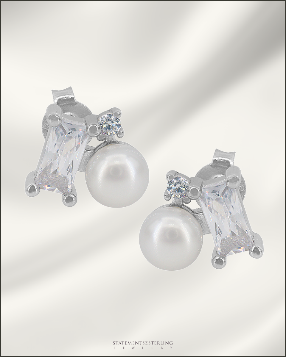 Sterling Silver Pearl and Cubic Zirconia Earrings